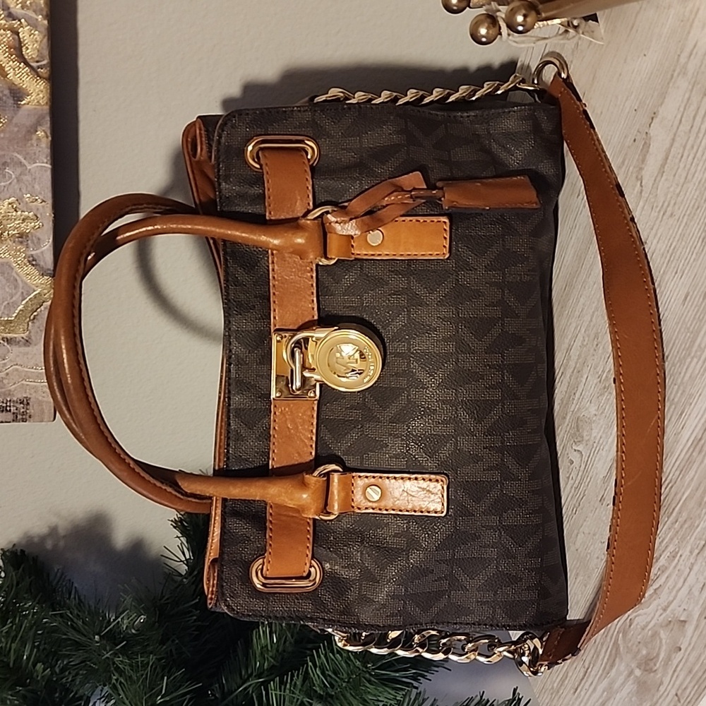 Michael Kors Brown Leather Monogram Handbag W/Free MK GOLD Wallet